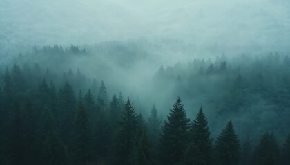 Misty morning scene in pine forest. Dense trees stand out in foggy landscape. Tranquil, mysterious atmosphere pervades view. Image evokes sense of serenity, wonder in nature. Misty mountain forest