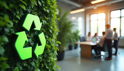 Green recycle symbol decorates office wall. Eco-friendly office space with team meeting. Sustainable workplace promotes waste management. Eco conscious company culture. Eco symbol on living wall.