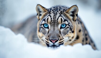 Fototapeta premium Stealthy snow leopard hidden in snowy white background. Piercing blue eyes focus on prey. Wildlife photo. Animal close-up. Winter scene. Predator hunting. Animal in nature. Nature beauty. Wildlife