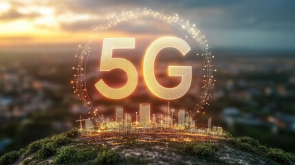 5G Technology Concept with Futuristic Cityscape and Sunset Background