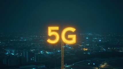 Illuminated 5G Sign with Cityscape at Night Sky in Background