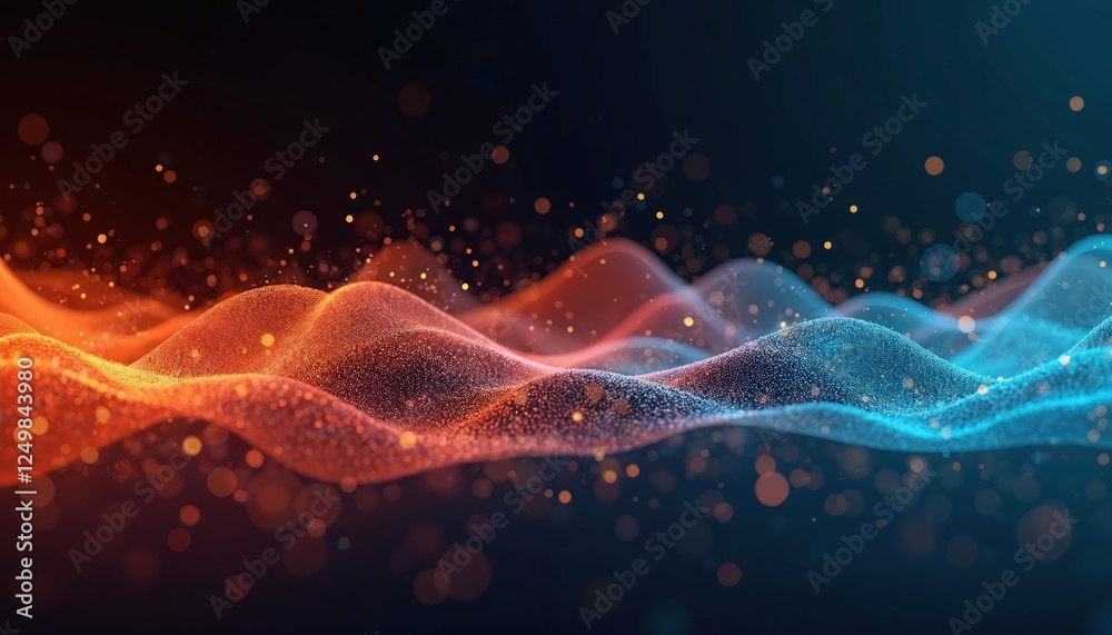 Poster vibrant 3d sound waves in abstract colorful motion on dark background. dynamic data visualization sh