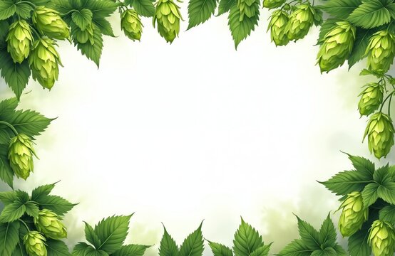 Fresh green hops frame with copy space. Hops plant details shown on transparent background. Perfect for beer brewing themes. Image highlights natural ingredient for beverages. Suitable for
