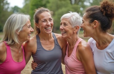 Four happy women of different ages enjoying company outdoors after workout. Appear multiracial, laughing, embracing. Setting park green space in city town. Photo captures joyful moment of camaraderie