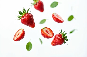 Fresh strawberries, slices levitate in air with green leaves. Juicy berries, fruit sections float in mid-air. Natural, organic food items isolated against plain background. Summer fruit with