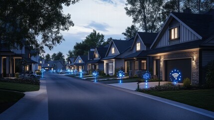 Smart Home Technology Illuminates Street at Night in Suburban Neighborhood