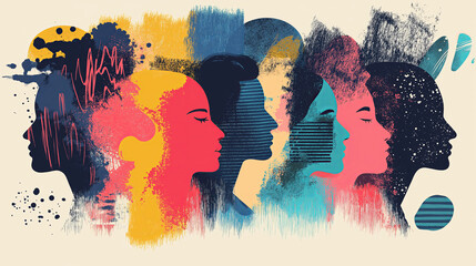 Obraz premium An abstract illustration featuring diverse human profiles in vibrant colors, representing neurodiversity, inclusion, and individuality.