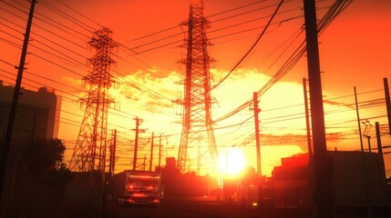 Fototapeta premium Urban Sunset with Power Lines and Silhouetted Pylons