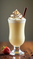Thick vanilla milkshake, whipped cream, chocolate garnish Copy space , chocolate piece, copy space, background