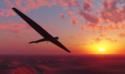 Naklejka premium Glider Over Desert Sunset View, Soaring Over Endless Sands for Scenic Adventure and Freedom