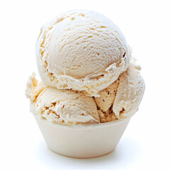 Creamy vanilla ice cream scoops in bowl, white background, dessert