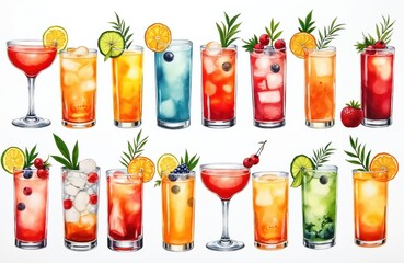 Colorful watercolor illustration of various cocktails. Hand-drawn colorful drinks set. Different cocktails with ice, fruit garnishes. Displaying variety of tropical, fruit-based alcoholic beverages.