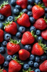 Fototapeta premium Close-up view of assorted fresh strawberries, blueberries. Ripe red strawberries, juicy blueberries arranged on dark surface. Fresh fruit background. Healthy, tasty food. Perfect for smoothie, juice,