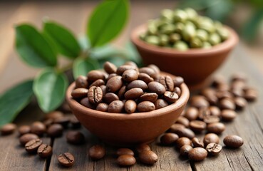 Fototapeta premium Roasted, unroasted coffee beans from African nations including Ethiopia, Ivory Coast, Uganda, Kenya, Rwanda, Tanzania displayed in bowls. Green unroasted beans in bowl in back, roasted beans in bowl