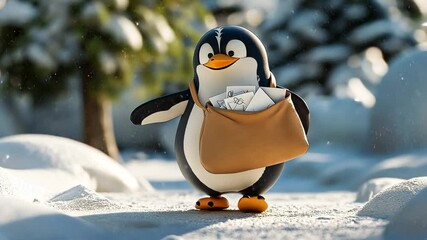A cheerful penguin postman delivering mail in a snowy winter wonderland. - Powered by Adobe