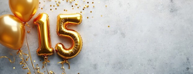 Golden foil balloons in shape of number 15 sit on gray concrete background. Party decorations like gold confetti, ribbons scattered around. Layout perfect for birthday anniversary card. Celebrating
