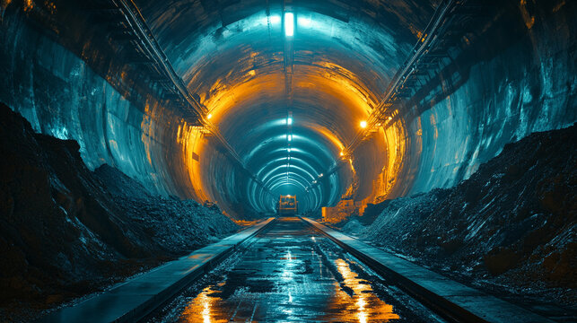 Fototapeta Giant tunnel boring machines symbolize innovation, engineering marvels, and the power of human ingenuity, creating paths through solid rock deep underground with dramatic lighting