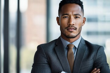 Fototapeta premium Confident business professional posing in a modern office setting during the early afternoon