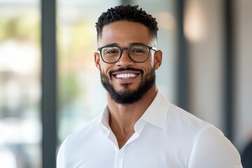Obraz premium Happy man with glasses smiling in a modern office setting during daytime