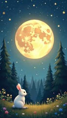 Fototapeta premium Cute white rabbit observes full moon in meadow. Rich meadow with wildflowers under full moon. Peaceful night scene. Forest surrounds meadow in hand-drawn style. Nighttime beauty illustration for