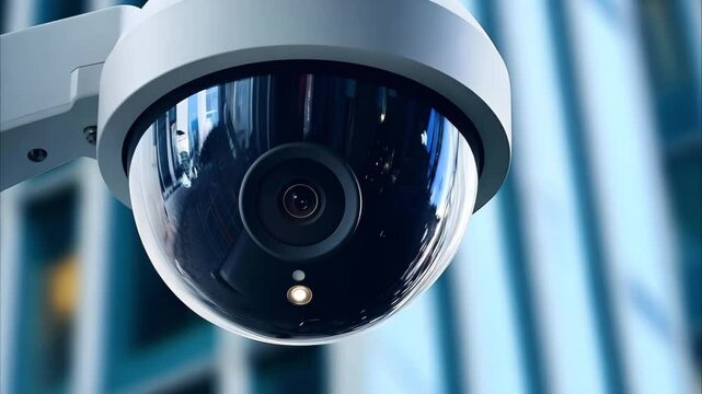 A close-up of a security camera mounted on a building, reflecting the surroundings in its lens.