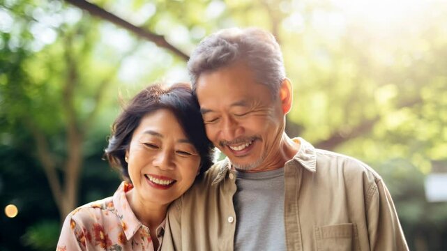 Happy smiling asian mature senior couple posing together	
