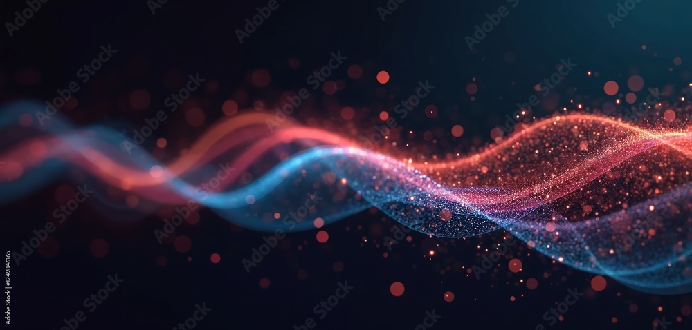 Poster abstract digital wave pattern with vibrant blue, reddish colors. particles flow smoothly in dynamic 