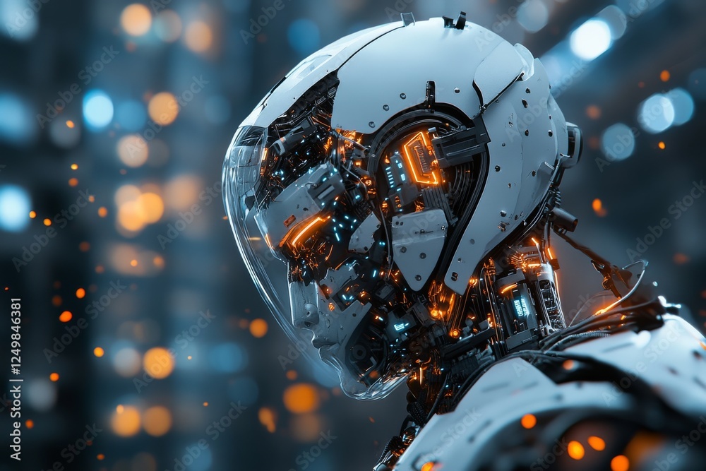 Poster futuristic robot head with intricate design and illuminated features in a digital environment at nig