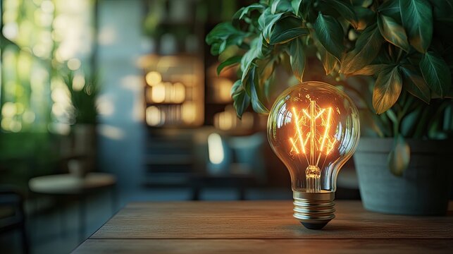 A wooden table holds a light bulb that shines brightly with a sprout growing out of it