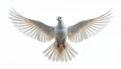 White dove soars freely against pure white backdrop. Symbol of peace hope, freedom. Wings outstretched beautifully. Elegant bird in flight. Perfect imagery for spiritual themes, nature. Ideal for