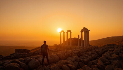 Adventurous exploration of ancient ruins at sunrise, travel inspiration