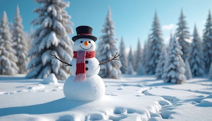 Obraz premium Cheerful snowman stands in snowy forest. Clear blue sky above. Snowy trees surround. Snowman hat, red scarf. Winter scene. Peaceful, joyful image. Perfect for winter holiday cards seasonal