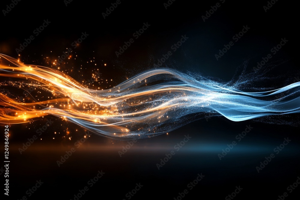 Poster dynamic waves of light and energy creating a mesmerizing glow in a dark space