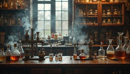 Antique alchemy lab countertop shows steam rising from brewing potions. Vintage equipment with bottles, jars filled with liquids. Old wooden counter. Mystical, scientific scene. Possible time period