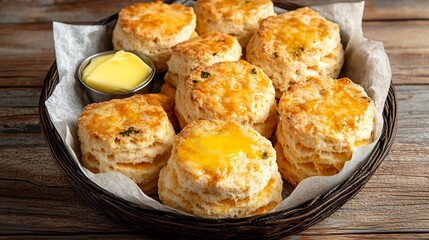 Fototapeta premium Top down view of American cheddar biscuits arranged a basket served with a side of melted butter on a wooden table