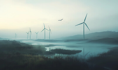 Group of Wind Turbines Along the Shore with Swans Flying Above, Symbolizing Clean Energy and Nature