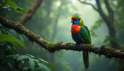 Obraz premium Colorful parrot sits on branch in rainforest. Exotic bird with vibrant plumage. Natural wildlife scene. Closeup view of tropical bird in natural environment. Beautiful rainforest. Amazing colours.