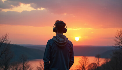 Fototapeta premium Man enjoys colorful spring sunset. Listens to music with headphones. View over countryside river. Relaxing vacation moment. Freedom concept. Silhouette against colorful sky. Man alone but peaceful.
