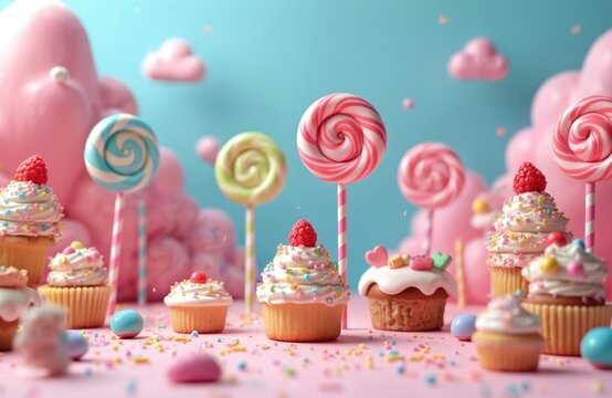 Whimsical scene shows colorful lollipops, cupcakes. Sweet treats arranged in delightful candyland landscape. Pastel pink blue yellow red white colors create happy feeling. Sugary dessert fantasy.