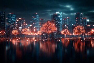 Naklejka premium Cityscape illuminated by glowing trees at night with reflections in calm water
