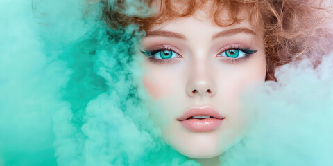Fototapeta premium A delicate sweet portrait of a young woman in clouds of colored steam. A miracle, imagination, fantasy and dream.