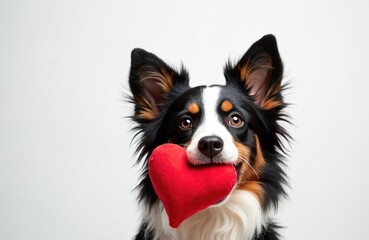 Fototapeta premium Cute border collie puppy holds red heart. Adorable dog looks directly at camera. Isolated white background. Funny pet portrait. Valentine Day concept. Perfect for cards, websites, or social media.