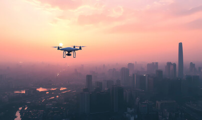 Drone Flying Over Cityscape, Isolated on Bright Background for Urban Exploration and Technology Photography