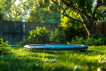 A backyard trampoline sitting on a healthy patch of grass