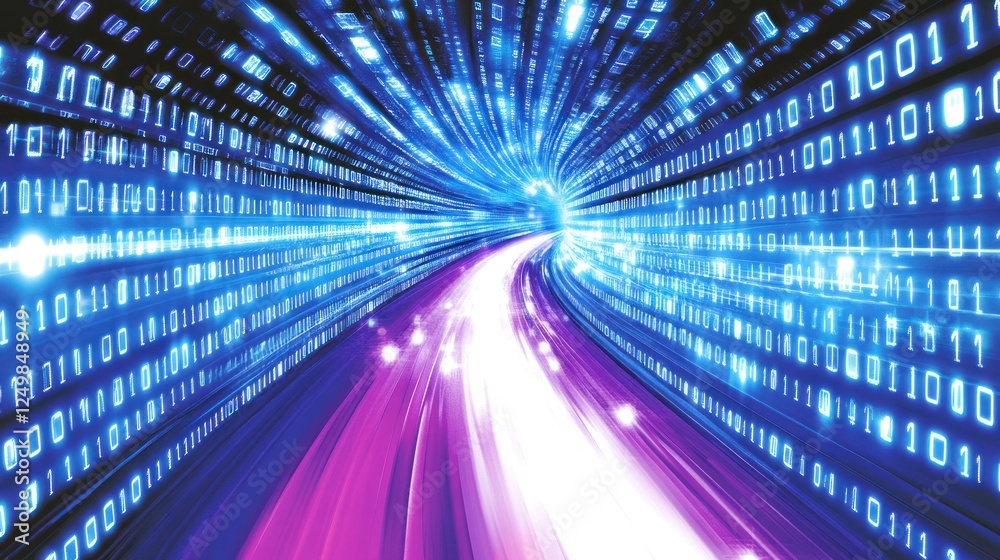 Poster digital data stream: a futuristic tunnel of binary code and information flow