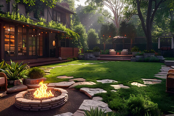 A backyard with a fire pit, surrounded by cozy chairs on a well-maintained lawn