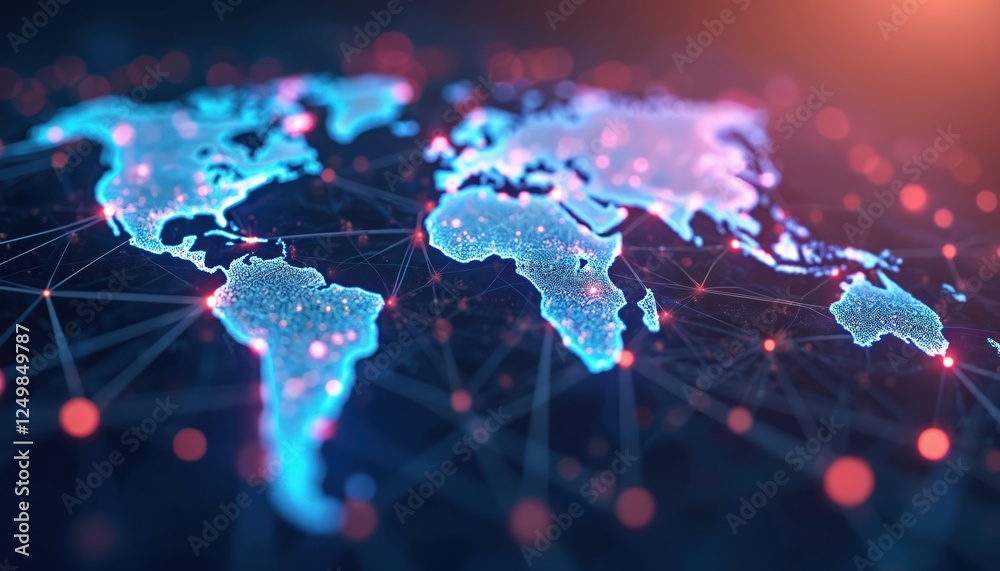 Poster global network connections visualized as glowing nodes, lines on digital map of world. complex inter