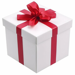 Obraz premium Red ribbon on white gift box; present; isolated background; celebration