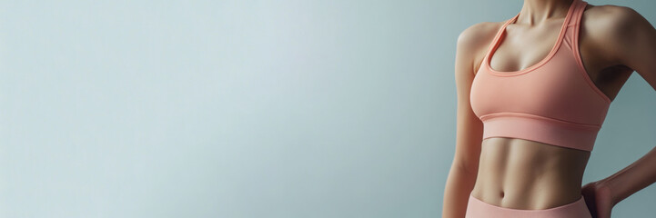 Sexy, slender body of a beautiful woman in pink clothes. Fitness or plastic surgery and aesthetic cosmetology. Banner for sports, fitness club, women's clothing store. Gray background, space for text