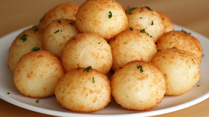 Golden brown potato tots stacked on a white plate, garnished with fresh herbs. Perfect for appetizers with a modern bright tone, blurred background, and space for caption